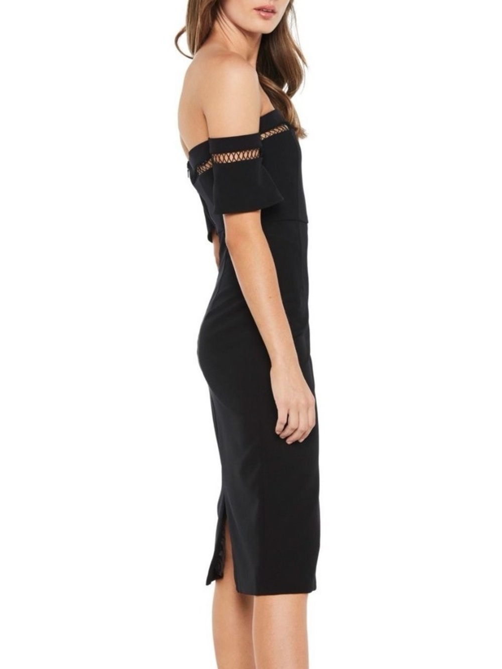 Bardot Women’s Sacha Lattice Trim Off the Shoulder Black Sheath Dress Size 6/S